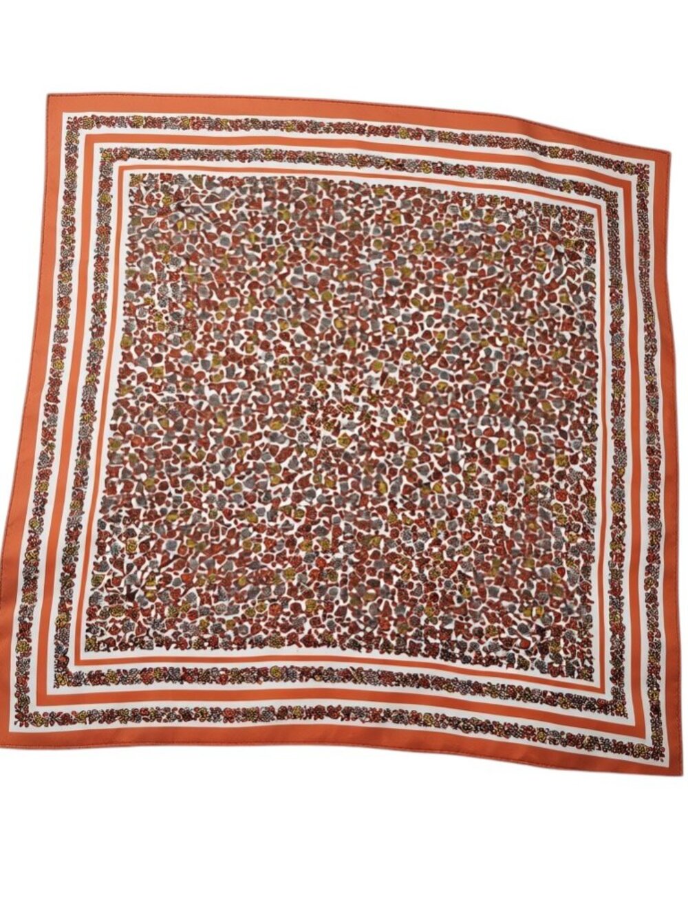 Vintage 70s Acetate Scarf Orange Rust Ditsy Floral Striped Border 23x23